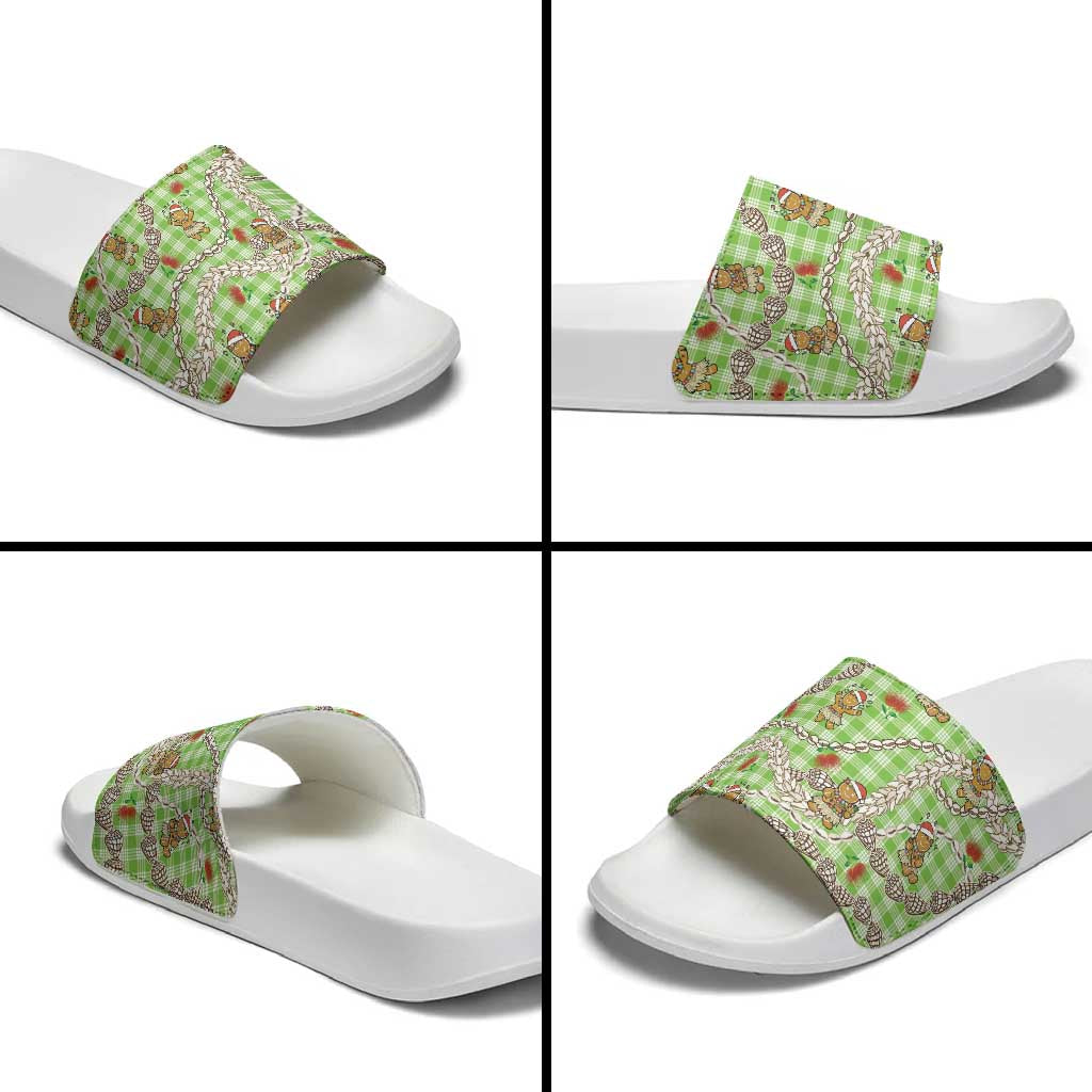 Green Palaka Hawaii Mele Kalikimaka Slide Sandals Ohia Lehua Shell Leis Funny Gingerbread Santa - Polynesian Pride