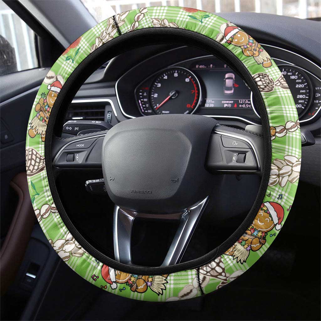 Green Palaka Hawaii Mele Kalikimaka Steering Wheel Cover Ohia Lehua Shell Leis Funny Gingerbread Santa LT14 - Polynesian Pride