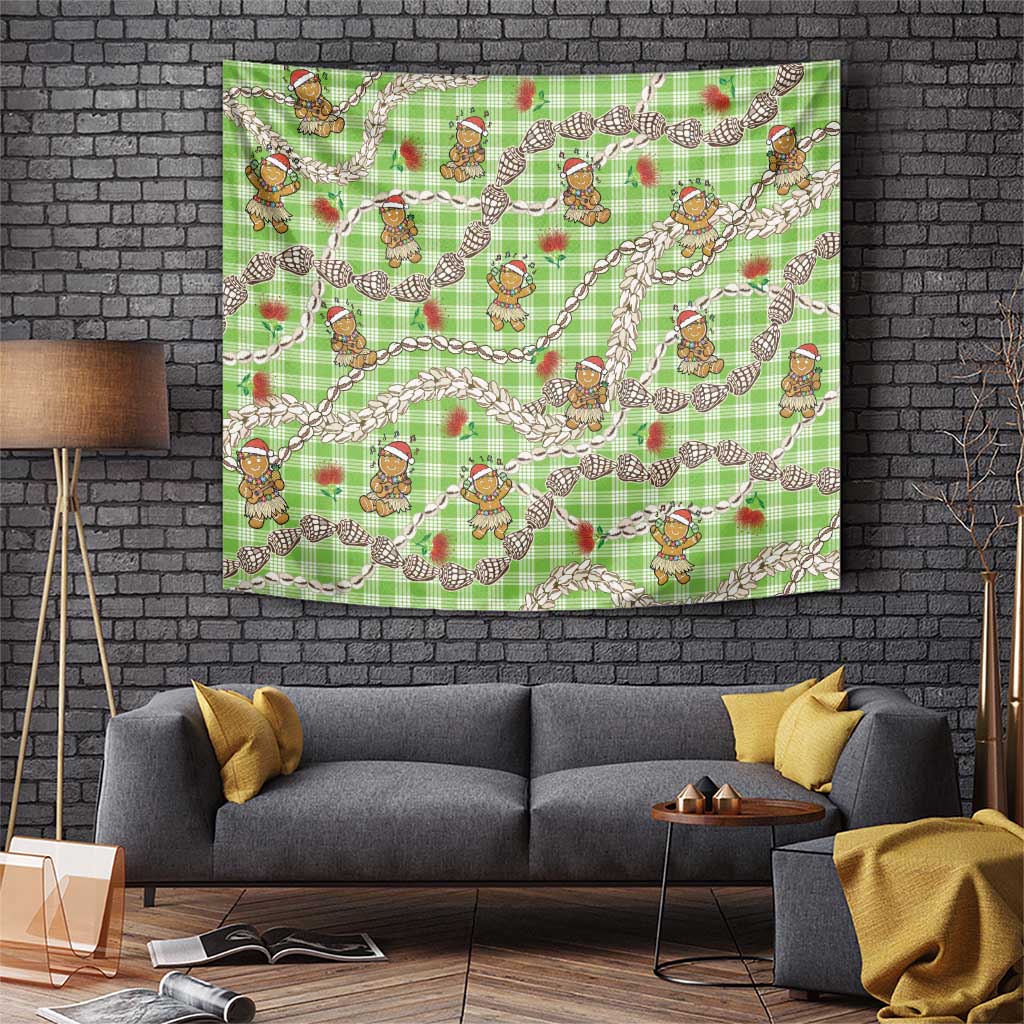 Green Palaka Hawaii Mele Kalikimaka Tapestry Ohia Lehua Shell Leis Funny Gingerbread Santa - Polynesian Pride
