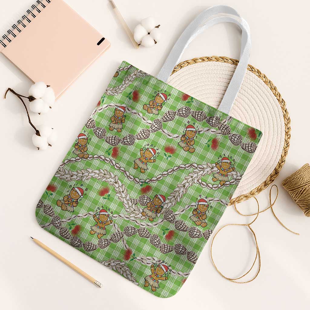 Green Palaka Hawaii Mele Kalikimaka Tote Bag Ohia Lehua Shell Leis Funny Gingerbread Santa - Polynesian Pride