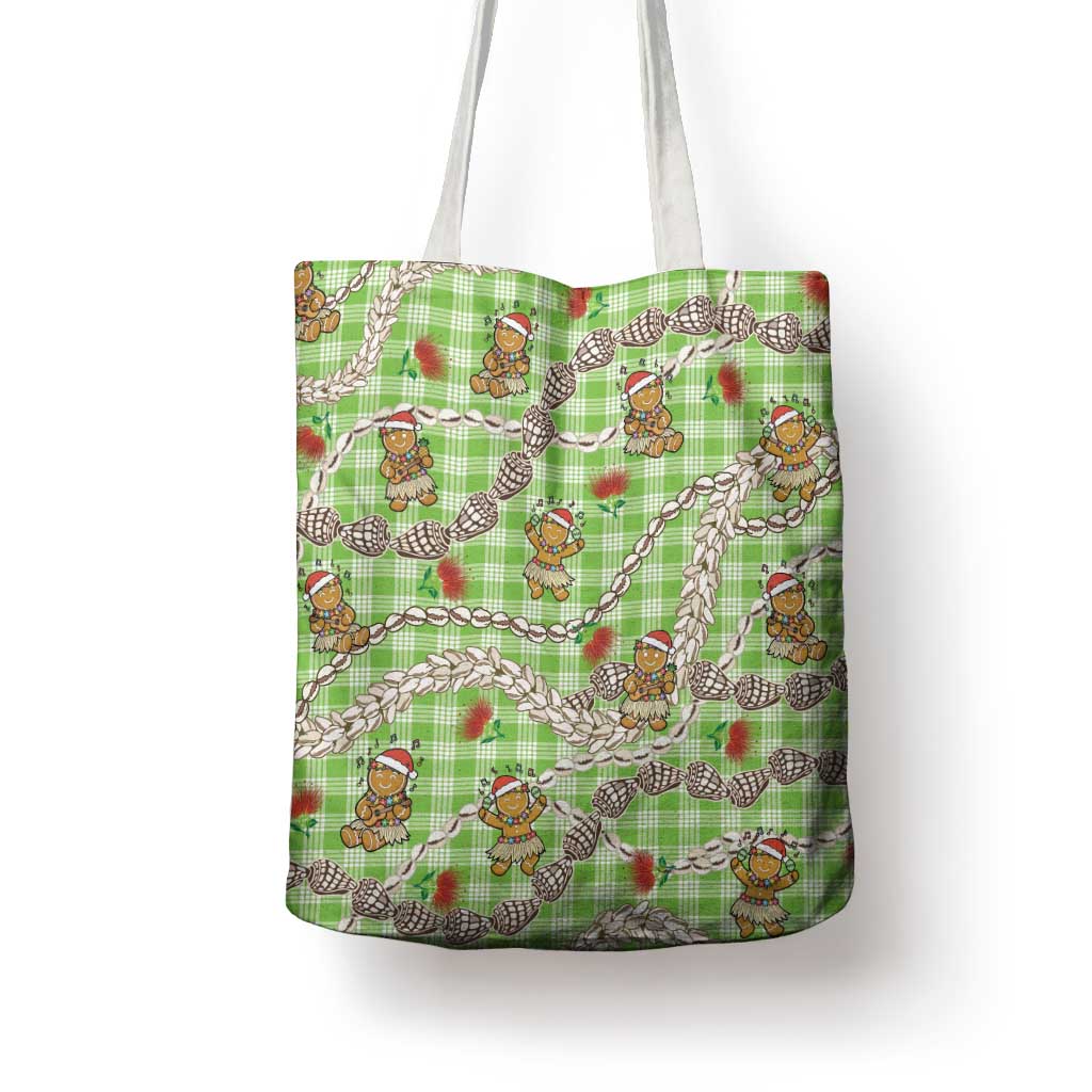 Green Palaka Hawaii Mele Kalikimaka Tote Bag Ohia Lehua Shell Leis Funny Gingerbread Santa - Polynesian Pride