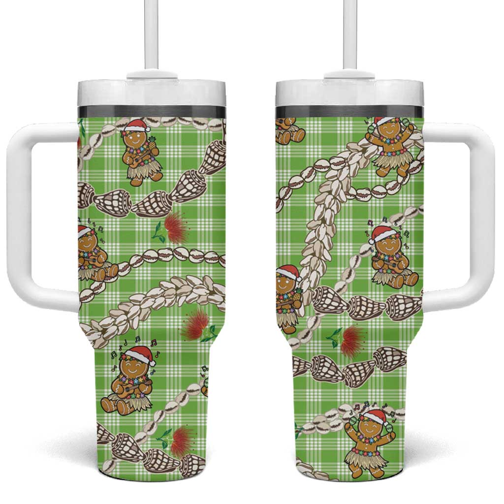 Green Palaka Hawaii Mele Kalikimaka Tumbler With Handle Ohia Lehua Shell Leis Funny Gingerbread Santa LT14 One Size: 40 oz Green - Polynesian Pride