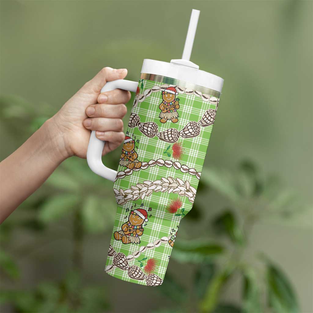 Green Palaka Hawaii Mele Kalikimaka Tumbler With Handle Ohia Lehua Shell Leis Funny Gingerbread Santa LT14 - Polynesian Pride