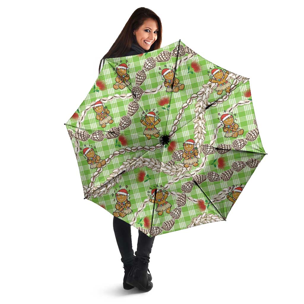 Green Palaka Hawaii Mele Kalikimaka Umbrella Ohia Lehua Shell Leis Funny Gingerbread Santa - Polynesian Pride