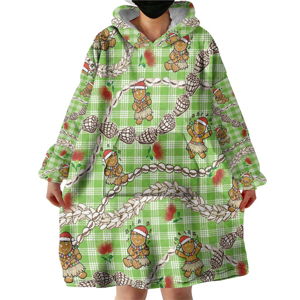 Green Palaka Hawaii Mele Kalikimaka Wearable Blanket Hoodie Ohia Lehua Shell Leis Funny Gingerbread Santa LT14 - Polynesian Pride