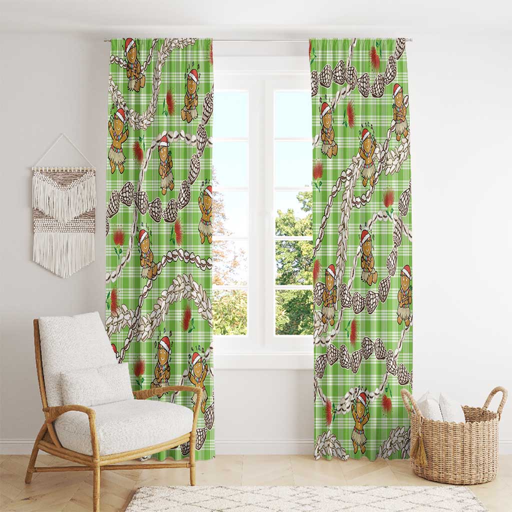 Green Palaka Hawaii Mele Kalikimaka Window Curtain Ohia Lehua Shell Leis Funny Gingerbread Santa - Polynesian Pride