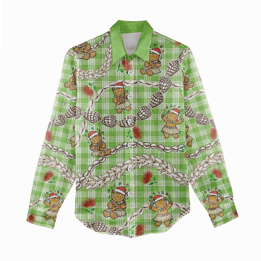 Green Palaka Hawaii Mele Kalikimaka Women Casual Shirt Ohia Lehua Shell Leis Funny Gingerbread Santa - Polynesian Pride