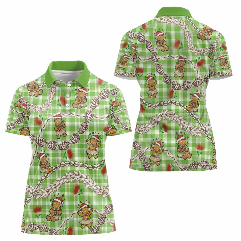 Green Palaka Hawaii Mele Kalikimaka Women Polo Shirt Ohia Lehua Shell Leis Funny Gingerbread Santa - Polynesian Pride