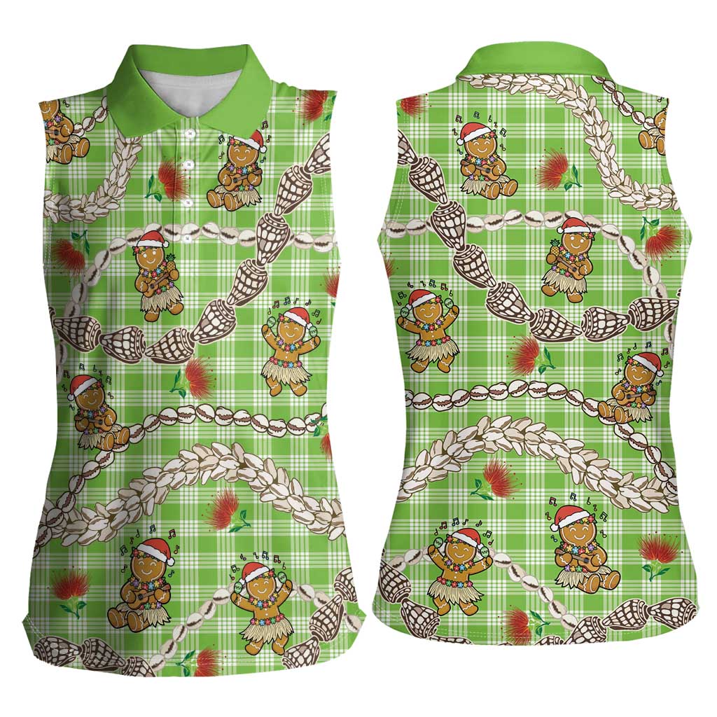 Green Palaka Hawaii Mele Kalikimaka Women Sleeveless Polo Shirt Ohia Lehua Shell Leis Funny Gingerbread Santa LT14 - Polynesian Pride