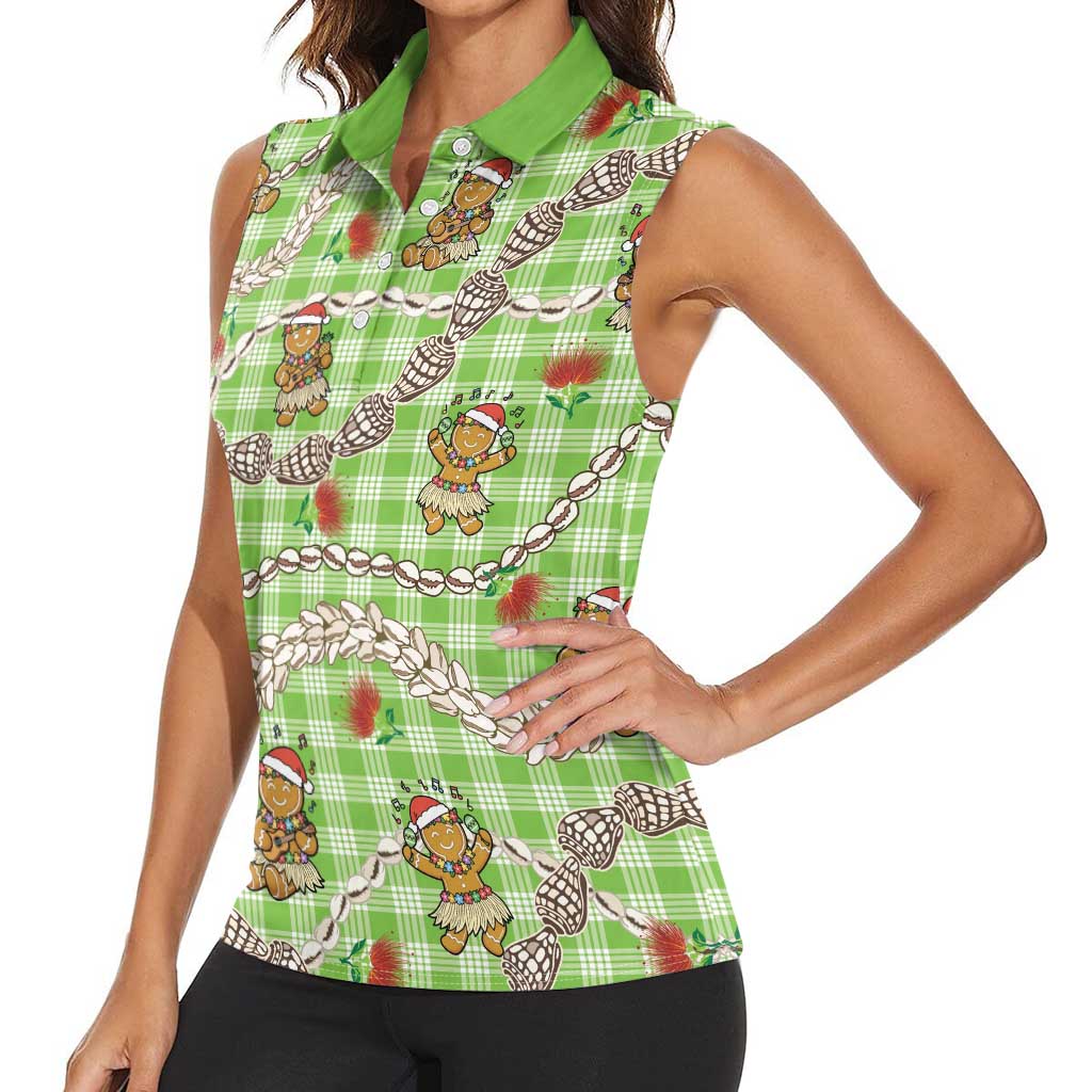 Green Palaka Hawaii Mele Kalikimaka Women Sleeveless Polo Shirt Ohia Lehua Shell Leis Funny Gingerbread Santa LT14 - Polynesian Pride