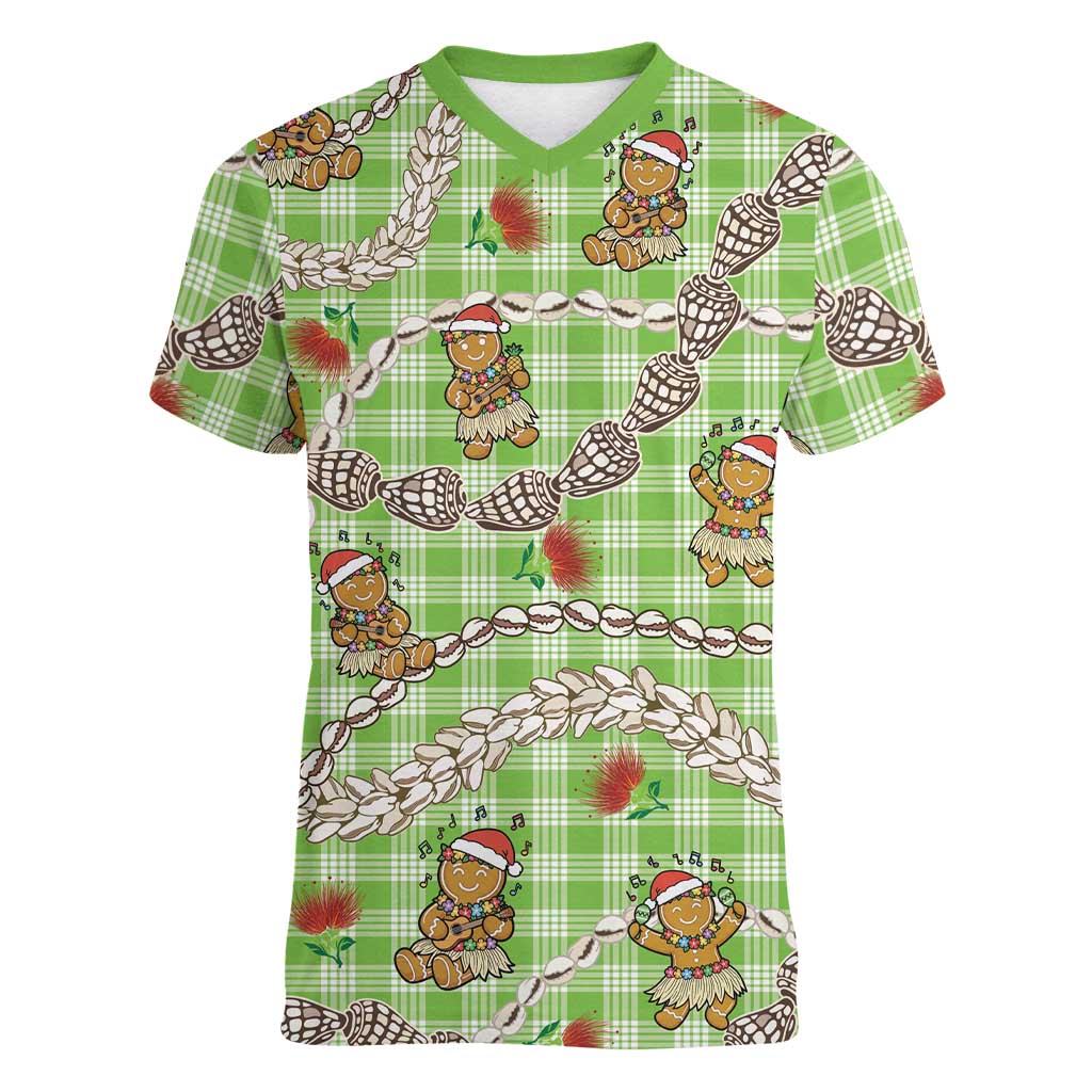Green Palaka Hawaii Mele Kalikimaka Women V-Neck T-Shirt Ohia Lehua Shell Leis Funny Gingerbread Santa LT14 Female Green - Polynesian Pride