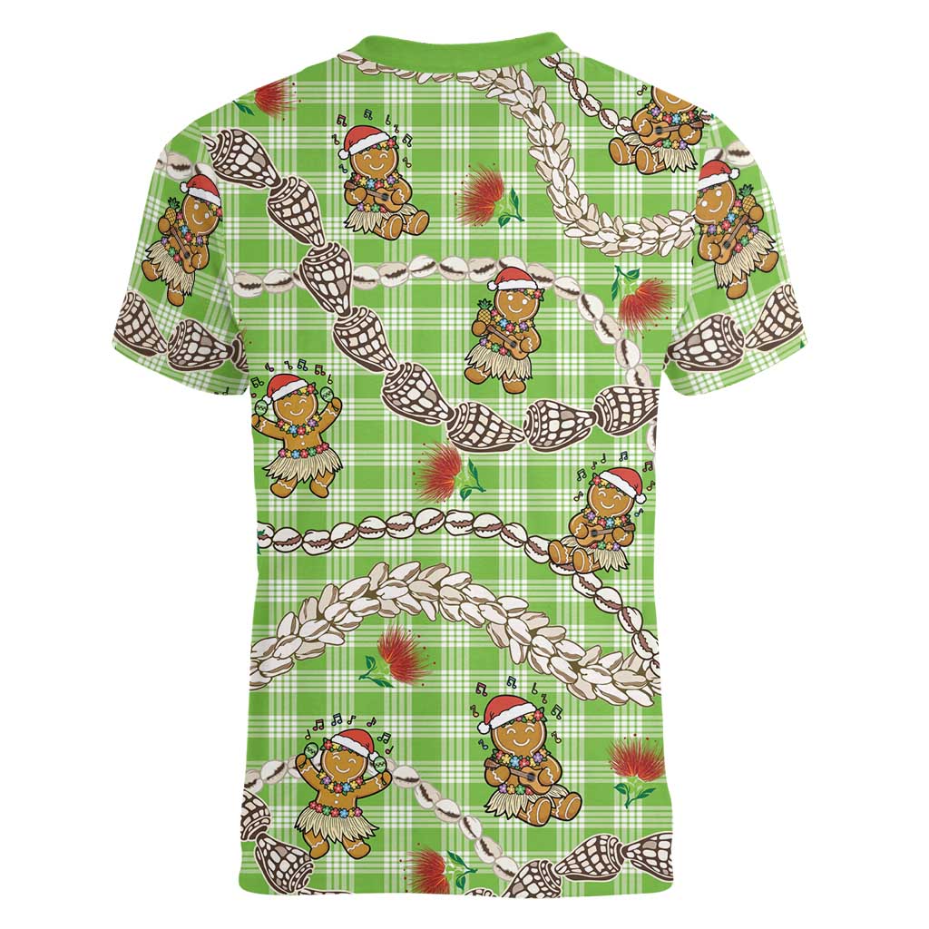 Green Palaka Hawaii Mele Kalikimaka Women V-Neck T-Shirt Ohia Lehua Shell Leis Funny Gingerbread Santa LT14 - Polynesian Pride