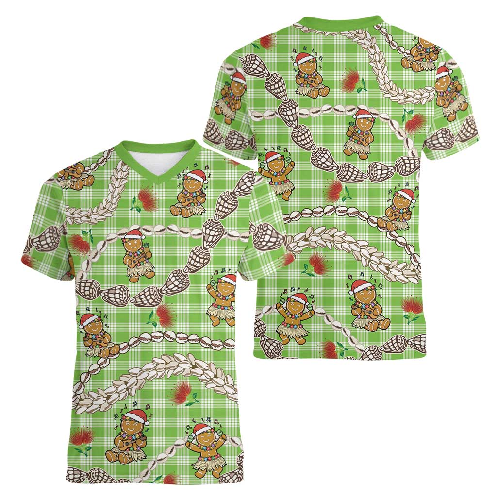 Green Palaka Hawaii Mele Kalikimaka Women V-Neck T-Shirt Ohia Lehua Shell Leis Funny Gingerbread Santa LT14 - Polynesian Pride