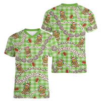 Green Palaka Hawaii Mele Kalikimaka Women V-Neck T-Shirt Ohia Lehua Shell Leis Funny Gingerbread Santa LT14 - Polynesian Pride