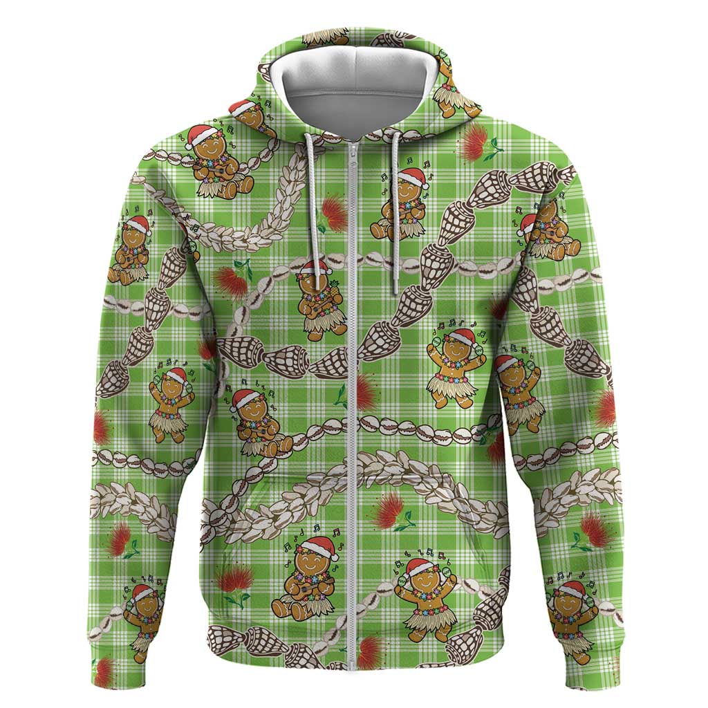 Green Palaka Hawaii Mele Kalikimaka Zip Hoodie Ohia Lehua Shell Leis Funny Gingerbread Santa LT14 Zip Hoodie Green - Polynesian Pride