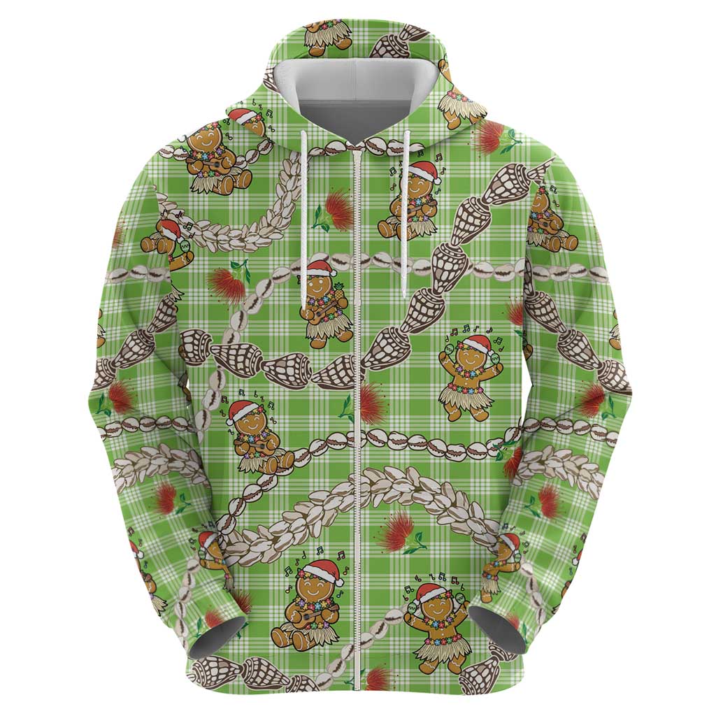 Green Palaka Hawaii Mele Kalikimaka Zip Hoodie Ohia Lehua Shell Leis Funny Gingerbread Santa LT14 - Polynesian Pride