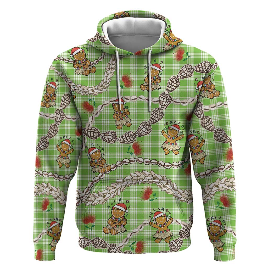Green Palaka Hawaii Mele Kalikimaka Zip Hoodie Ohia Lehua Shell Leis Funny Gingerbread Santa LT14 Pullover Hoodie Green - Polynesian Pride