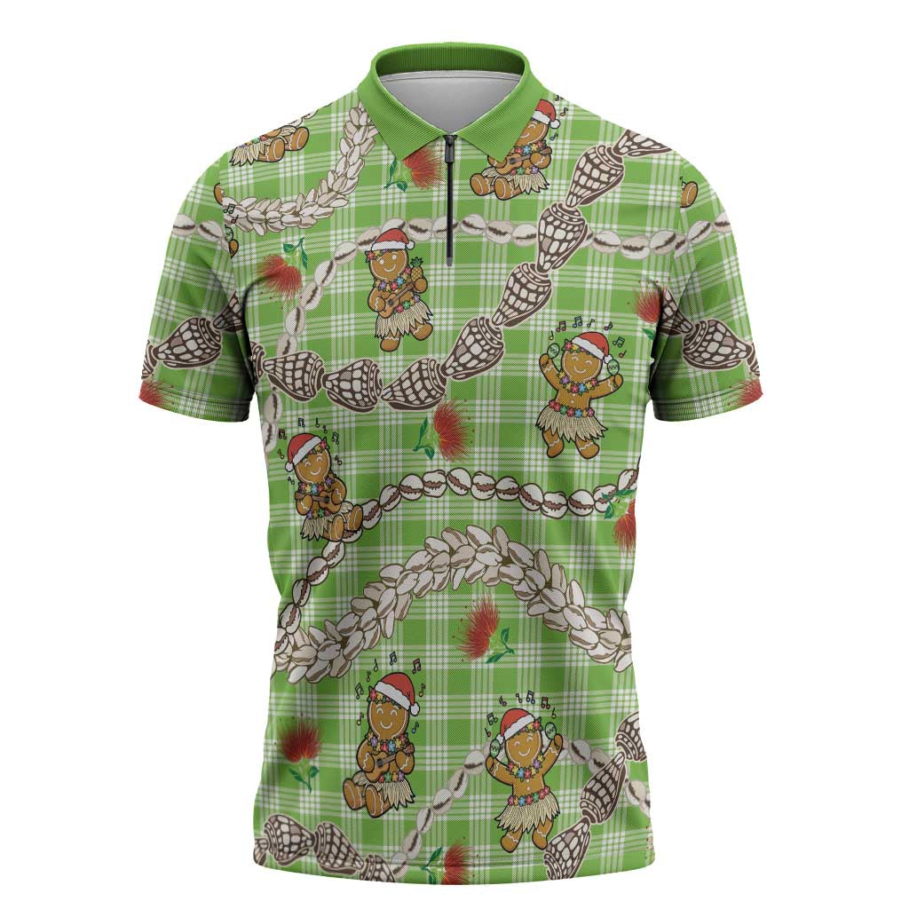 Green Palaka Hawaii Mele Kalikimaka Zipper Polo Shirt Ohia Lehua Shell Leis Funny Gingerbread Santa LT14 Green - Polynesian Pride