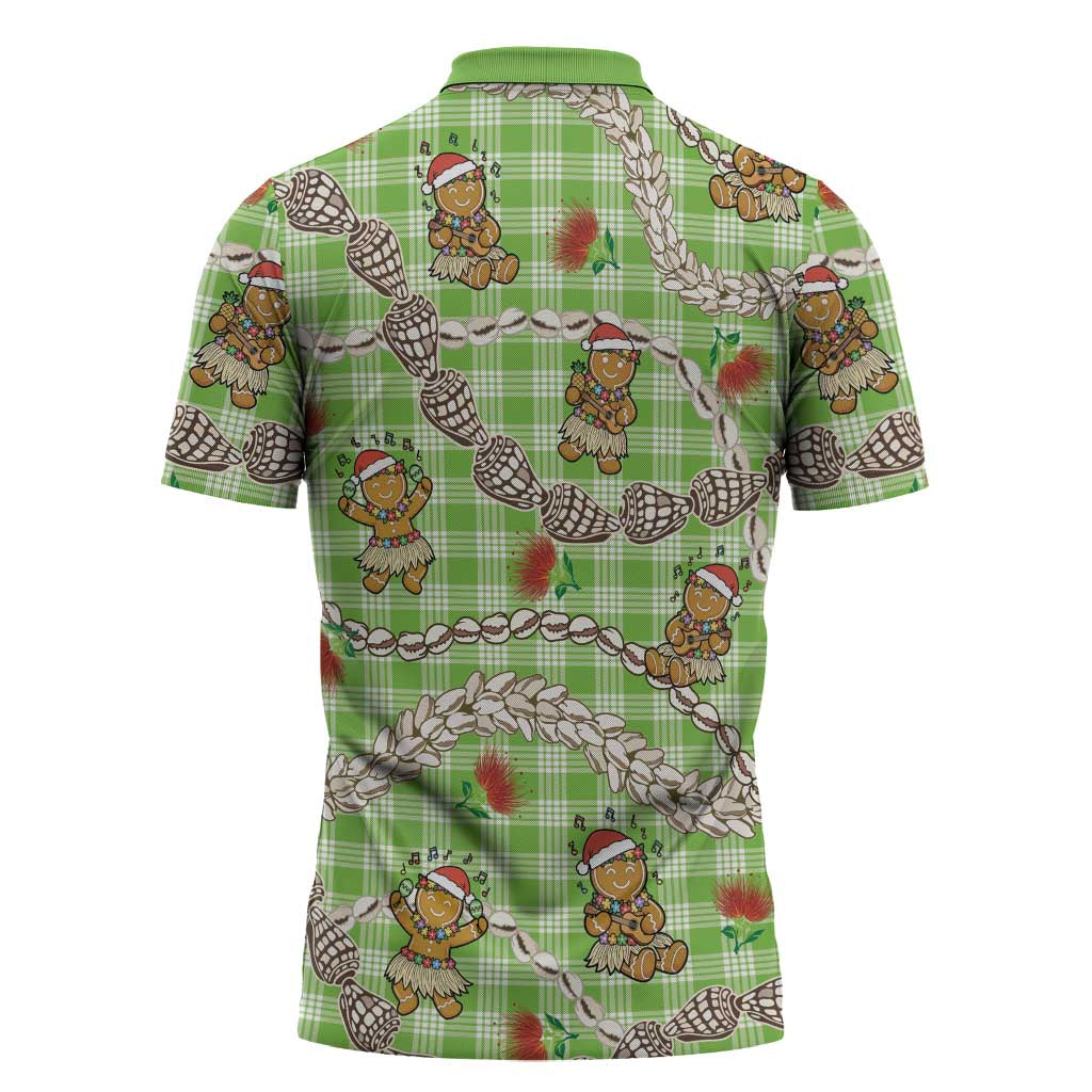 Green Palaka Hawaii Mele Kalikimaka Zipper Polo Shirt Ohia Lehua Shell Leis Funny Gingerbread Santa LT14 - Polynesian Pride