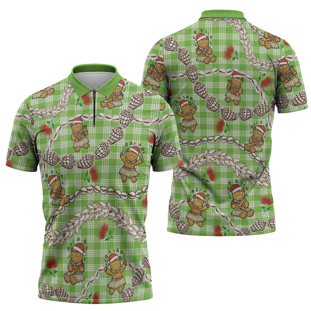 Green Palaka Hawaii Mele Kalikimaka Zipper Polo Shirt Ohia Lehua Shell Leis Funny Gingerbread Santa LT14 - Polynesian Pride