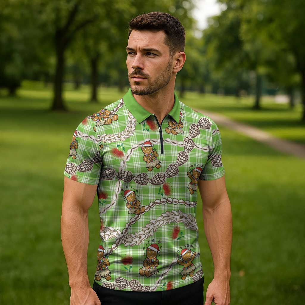 Green Palaka Hawaii Mele Kalikimaka Zipper Polo Shirt Ohia Lehua Shell Leis Funny Gingerbread Santa LT14 - Polynesian Pride