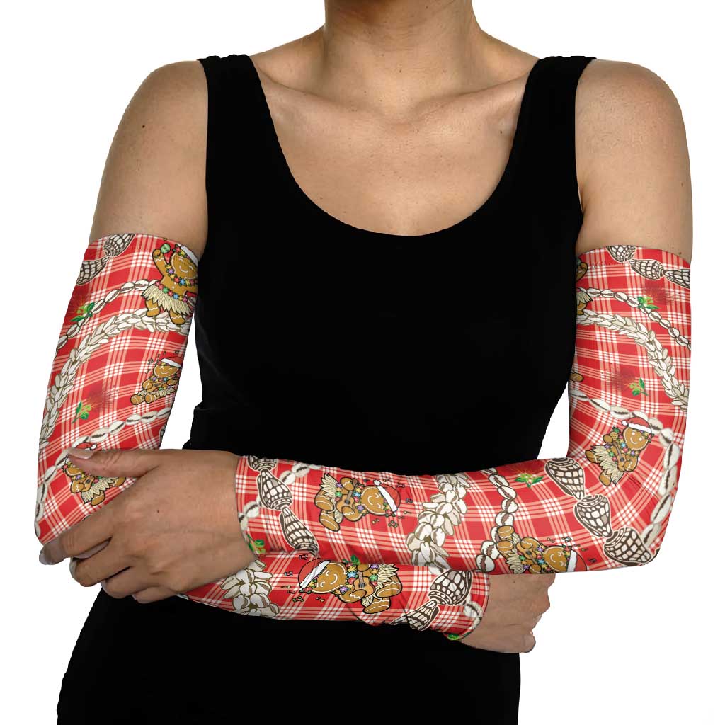 Red Palaka Hawaii Mele Kalikimaka Arm Sleeves Ohia Lehua Shell Leis Funny Gingerbread Santa - Polynesian Pride