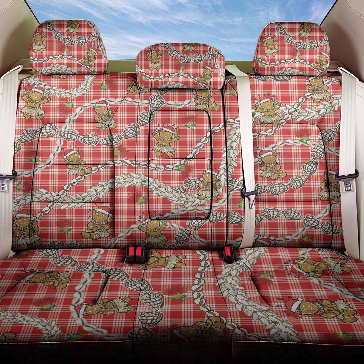 Red Palaka Hawaii Mele Kalikimaka Back Car Seat Cover Ohia Lehua Shell Leis Funny Gingerbread Santa LT14 One Size Red - Polynesian Pride