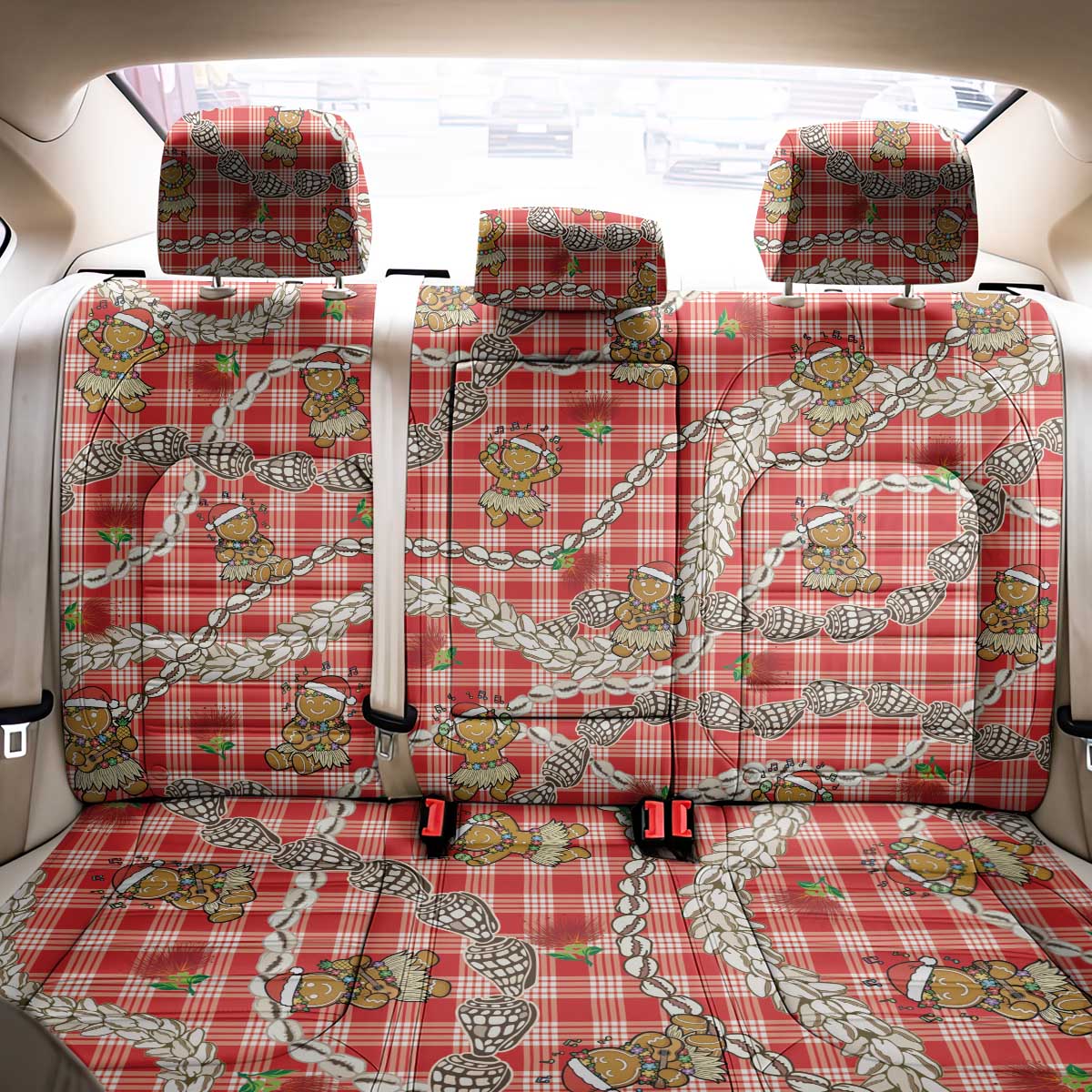 Red Palaka Hawaii Mele Kalikimaka Back Car Seat Cover Ohia Lehua Shell Leis Funny Gingerbread Santa LT14 - Polynesian Pride