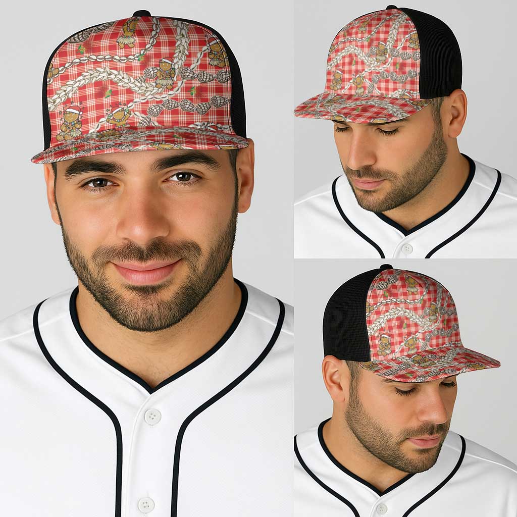 Red Palaka Hawaii Mele Kalikimaka Baseball Net Cap Ohia Lehua Shell Leis Funny Gingerbread Santa - Polynesian Pride
