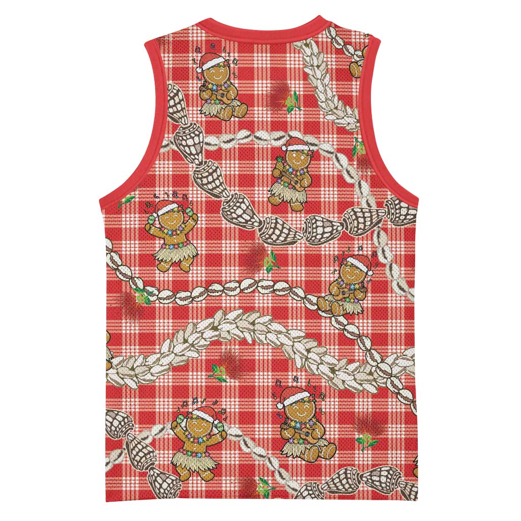 Red Palaka Hawaii Mele Kalikimaka Basketball Jersey Ohia Lehua Shell Leis Funny Gingerbread Santa LT14 - Polynesian Pride