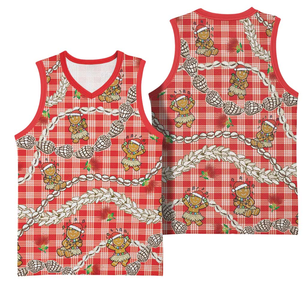 Red Palaka Hawaii Mele Kalikimaka Basketball Jersey Ohia Lehua Shell Leis Funny Gingerbread Santa LT14 - Polynesian Pride