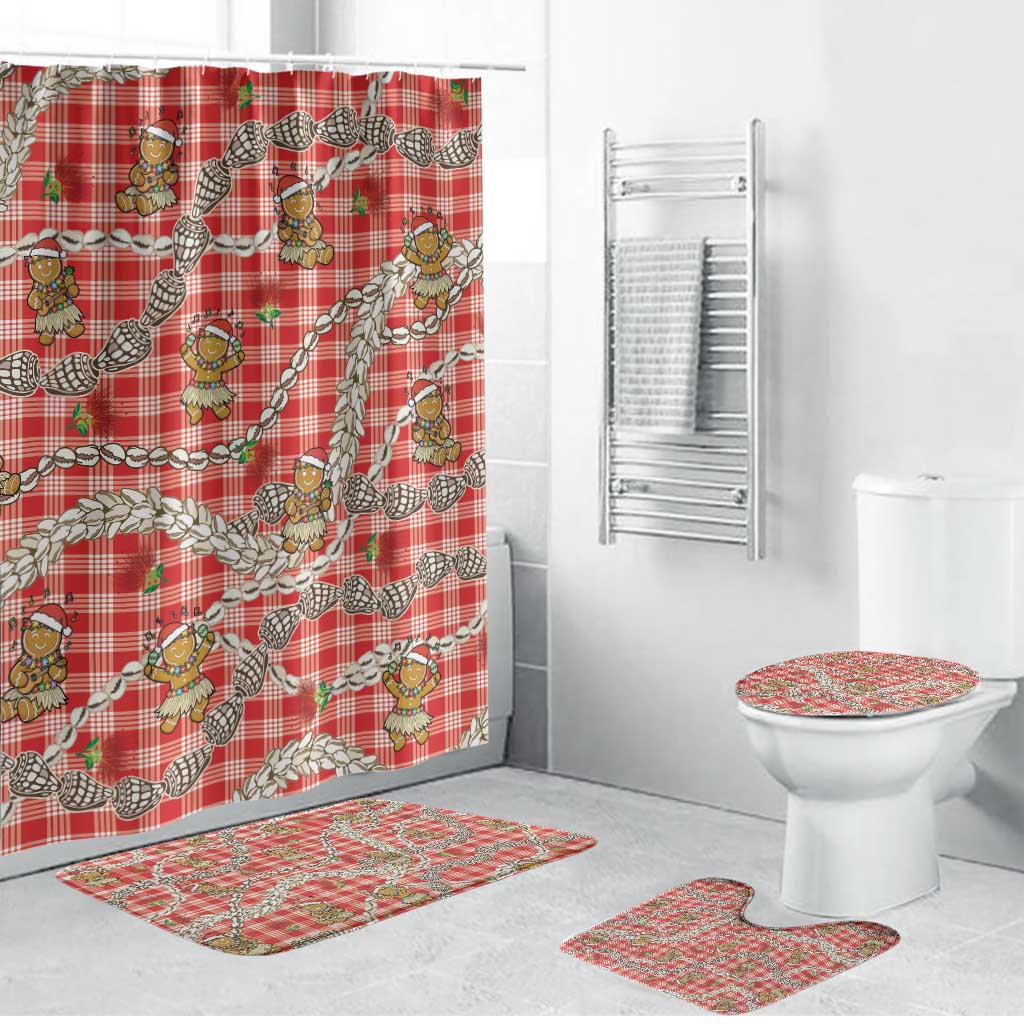 Red Palaka Hawaii Mele Kalikimaka Bathroom Set Ohia Lehua Shell Leis Funny Gingerbread Santa - Polynesian Pride
