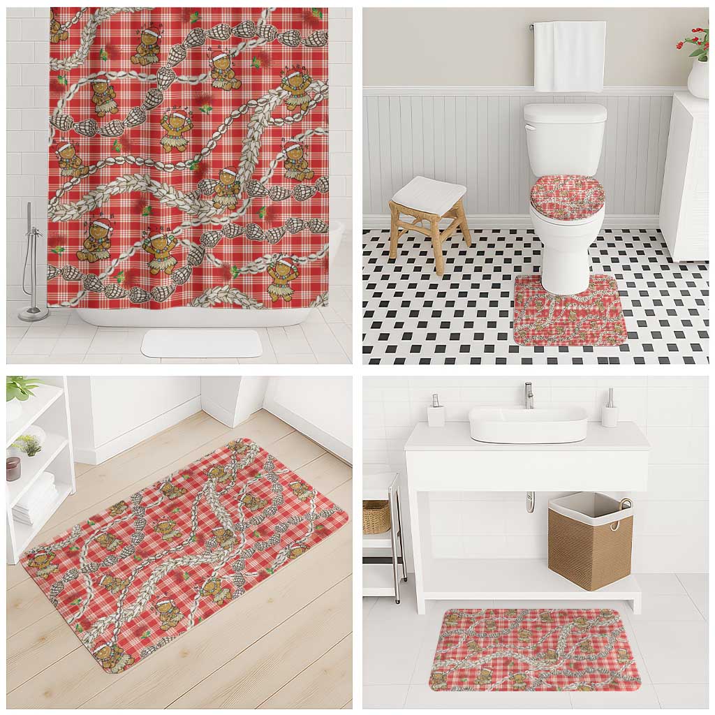 Red Palaka Hawaii Mele Kalikimaka Bathroom Set Ohia Lehua Shell Leis Funny Gingerbread Santa - Polynesian Pride