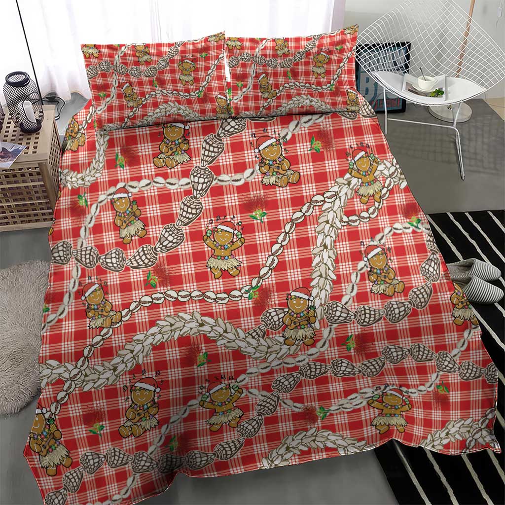 Red Palaka Hawaii Mele Kalikimaka Bedding Set Ohia Lehua Shell Leis Funny Gingerbread Santa LT14 - Polynesian Pride