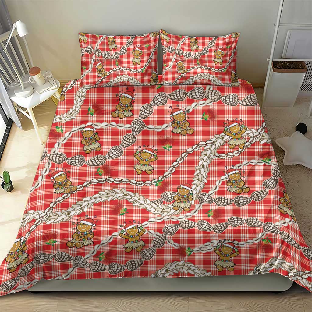 Red Palaka Hawaii Mele Kalikimaka Bedding Set Ohia Lehua Shell Leis Funny Gingerbread Santa LT14 - Polynesian Pride