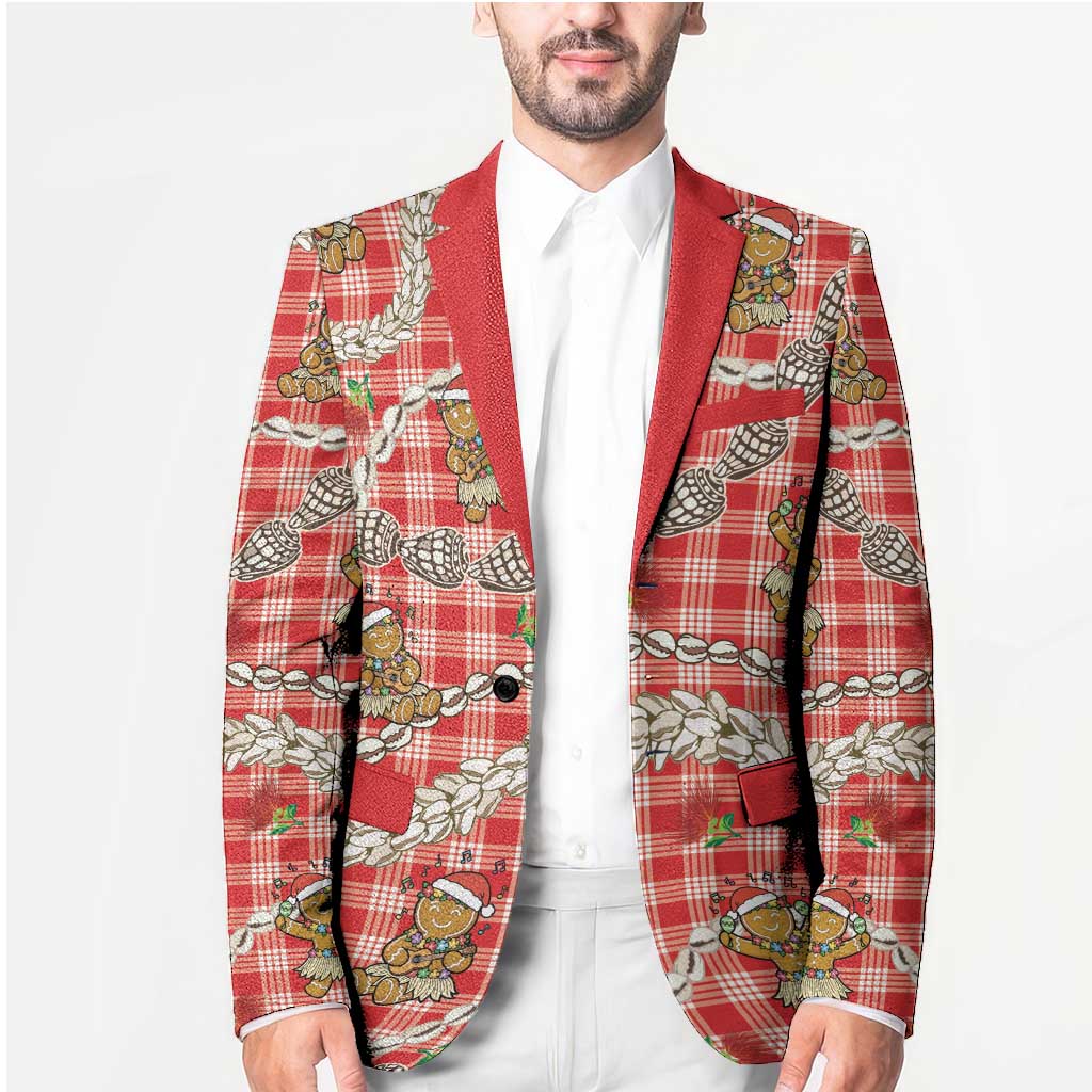 Red Palaka Hawaii Mele Kalikimaka Blazer Ohia Lehua Shell Leis Funny Gingerbread Santa - Polynesian Pride