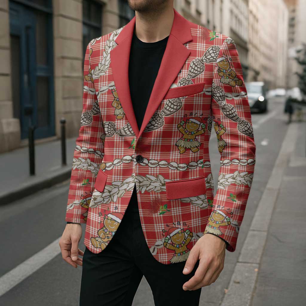 Red Palaka Hawaii Mele Kalikimaka Blazer Ohia Lehua Shell Leis Funny Gingerbread Santa - Polynesian Pride