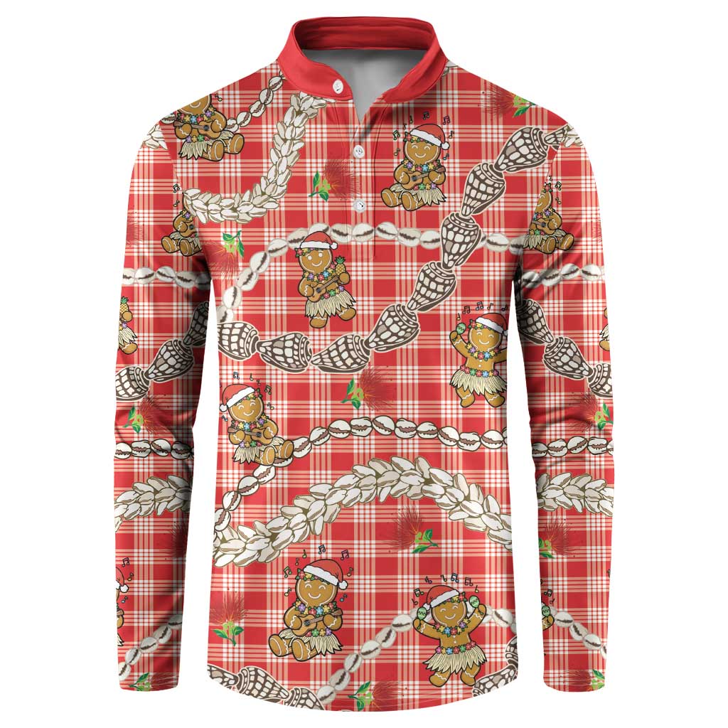 Red Palaka Hawaii Mele Kalikimaka Button Sweatshirt Ohia Lehua Shell Leis Funny Gingerbread Santa - Polynesian Pride