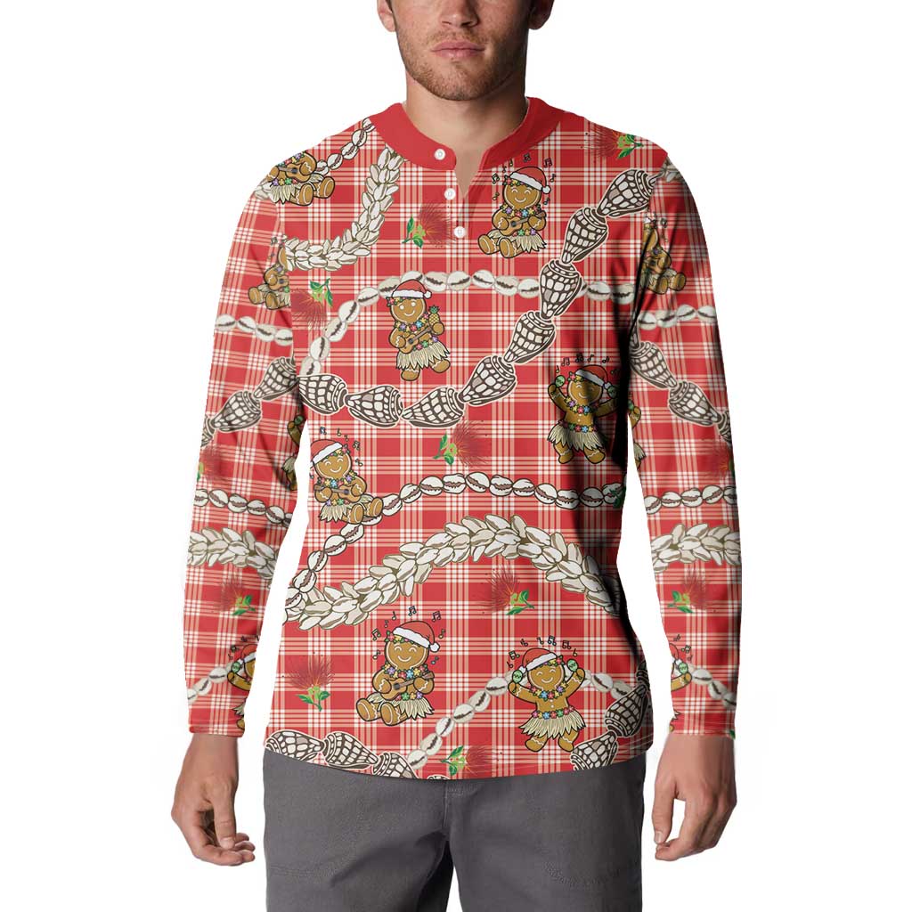 Red Palaka Hawaii Mele Kalikimaka Button Sweatshirt Ohia Lehua Shell Leis Funny Gingerbread Santa - Polynesian Pride