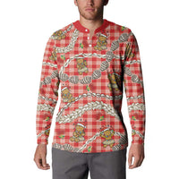 Red Palaka Hawaii Mele Kalikimaka Button Sweatshirt Ohia Lehua Shell Leis Funny Gingerbread Santa - Polynesian Pride