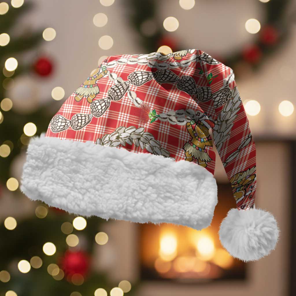 Red Palaka Hawaii Mele Kalikimaka Christmas Santa Hat Ohia Lehua Shell Leis Funny Gingerbread Santa - Polynesian Pride