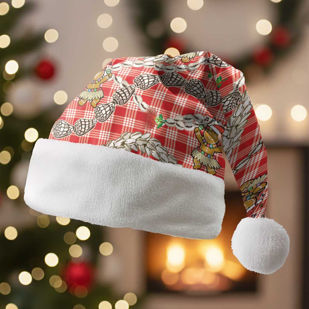 Red Palaka Hawaii Mele Kalikimaka Christmas Santa Hat Ohia Lehua Shell Leis Funny Gingerbread Santa - Polynesian Pride