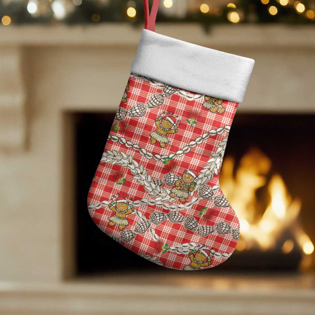 Red Palaka Hawaii Mele Kalikimaka Christmas Stocking Ohia Lehua Shell Leis Funny Gingerbread Santa - Polynesian Pride