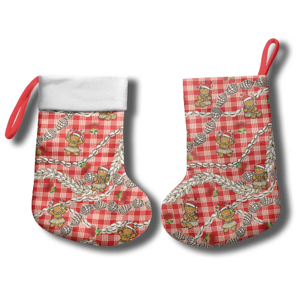 Red Palaka Hawaii Mele Kalikimaka Christmas Stocking Ohia Lehua Shell Leis Funny Gingerbread Santa - Polynesian Pride