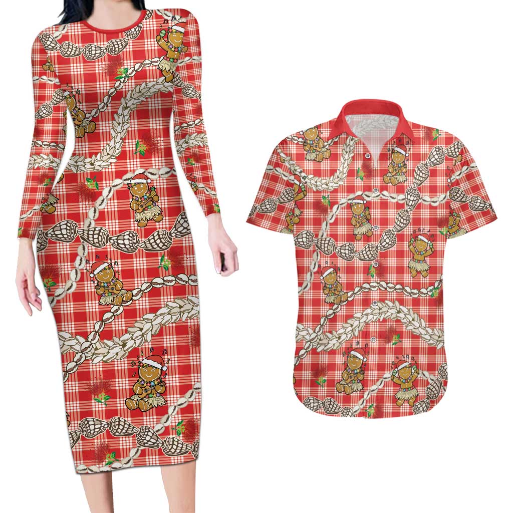 Red Palaka Hawaii Mele Kalikimaka Couples Matching Long Sleeve Bodycon Dress and Hawaiian Shirt Ohia Lehua Shell Leis Funny Gingerbread Santa LT14 Red - Polynesian Pride