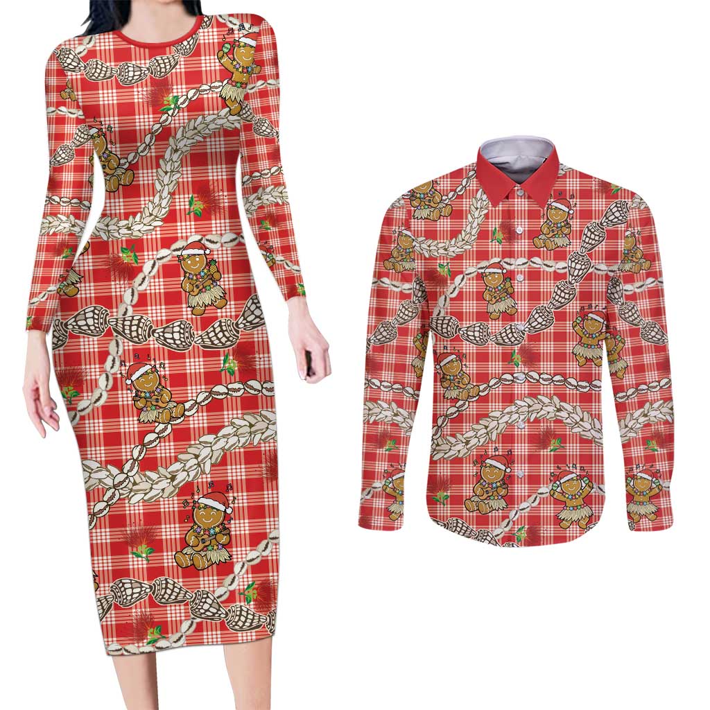 Red Palaka Hawaii Mele Kalikimaka Couples Matching Long Sleeve Bodycon Dress and Long Sleeve Button Shirt Ohia Lehua Shell Leis Funny Gingerbread Santa LT14 Red - Polynesian Pride