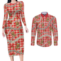 Red Palaka Hawaii Mele Kalikimaka Couples Matching Long Sleeve Bodycon Dress and Long Sleeve Button Shirt Ohia Lehua Shell Leis Funny Gingerbread Santa LT14 Red - Polynesian Pride