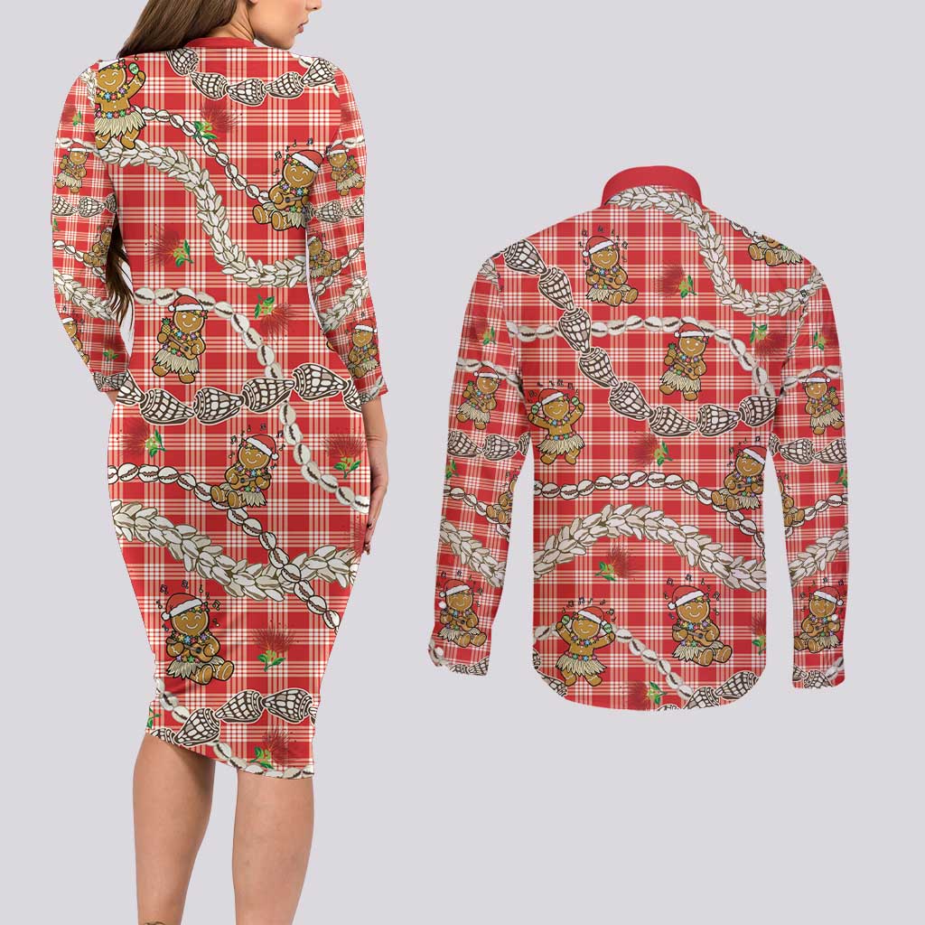 Red Palaka Hawaii Mele Kalikimaka Couples Matching Long Sleeve Bodycon Dress and Long Sleeve Button Shirt Ohia Lehua Shell Leis Funny Gingerbread Santa LT14 - Polynesian Pride