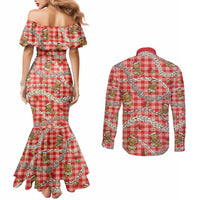 Red Palaka Hawaii Mele Kalikimaka Couples Matching Mermaid Dress and Long Sleeve Button Shirt Ohia Lehua Shell Leis Funny Gingerbread Santa LT14 - Polynesian Pride