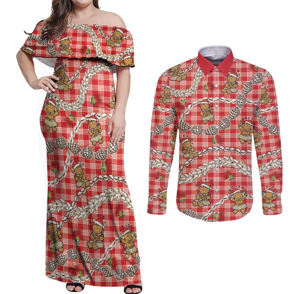 Red Palaka Hawaii Mele Kalikimaka Couples Matching Off Shoulder Maxi Dress and Long Sleeve Button Shirt Ohia Lehua Shell Leis Funny Gingerbread Santa LT14 Red - Polynesian Pride